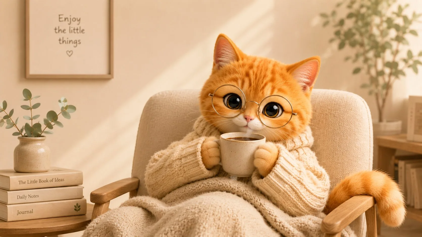 Cozy orange cat in a sweater holding a coffee mug