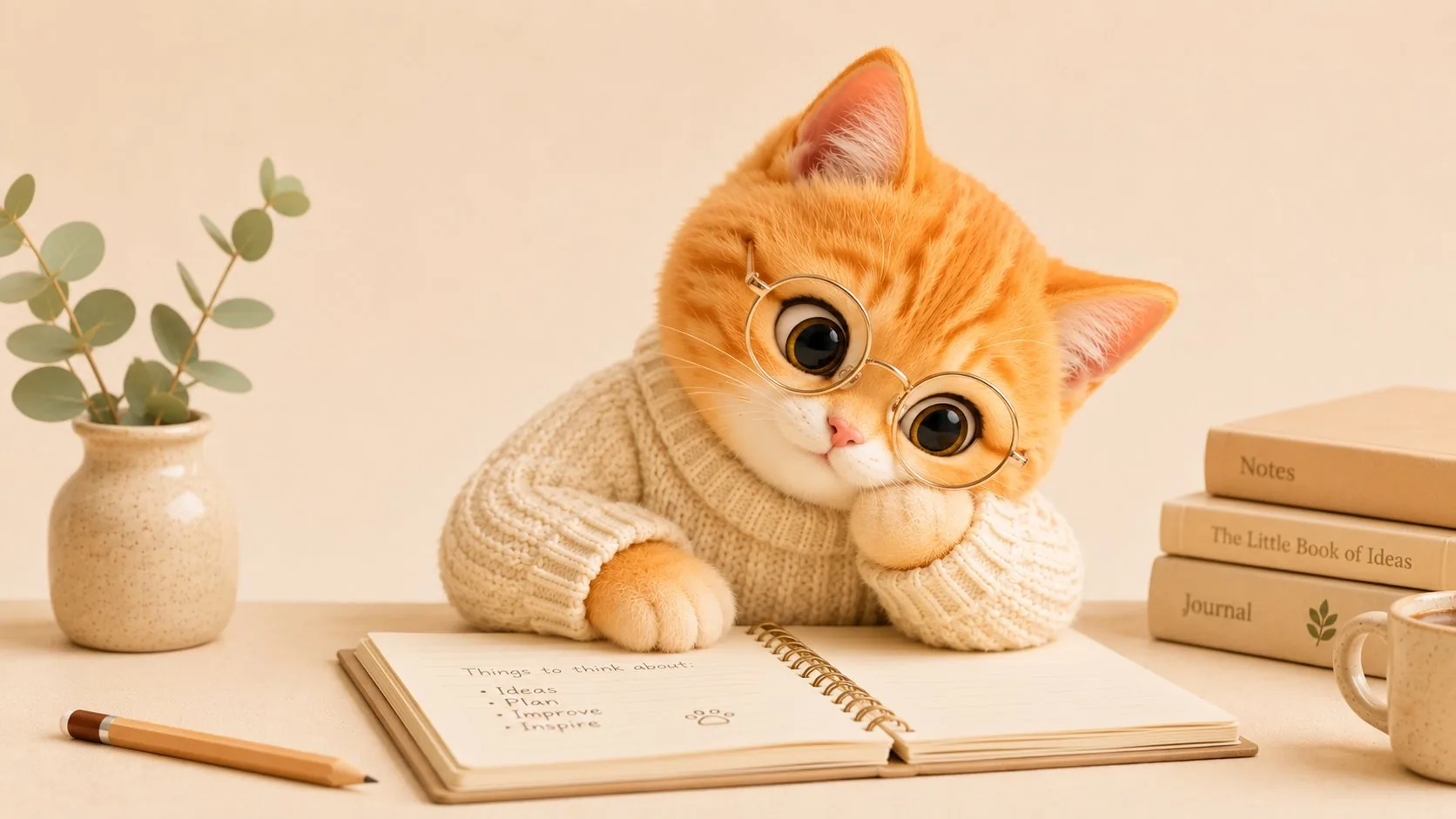 Smiling orange cat in glasses writing a to-do list