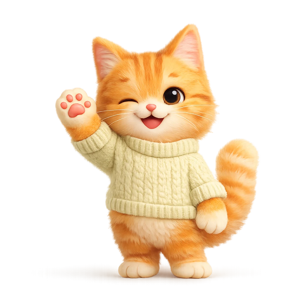 Smiling orange cat in a sweater waving hello