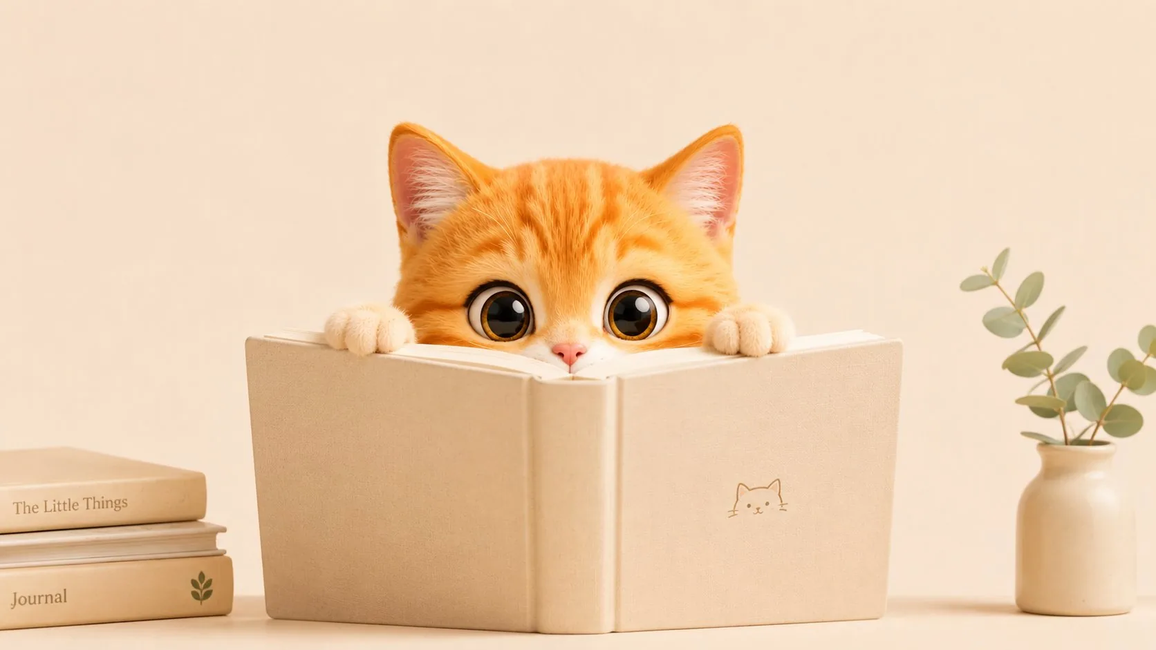 Curious orange cat peeking over an open book
